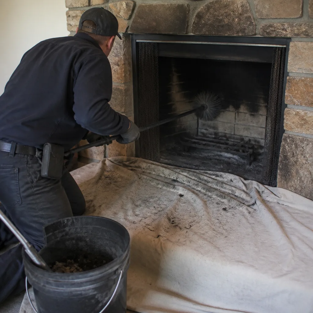 Professional chimney sweep cleaning fireplace interior with a brush